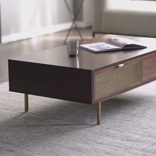 a rectangle wood coffee table showcasing two drawers and an open shelf 