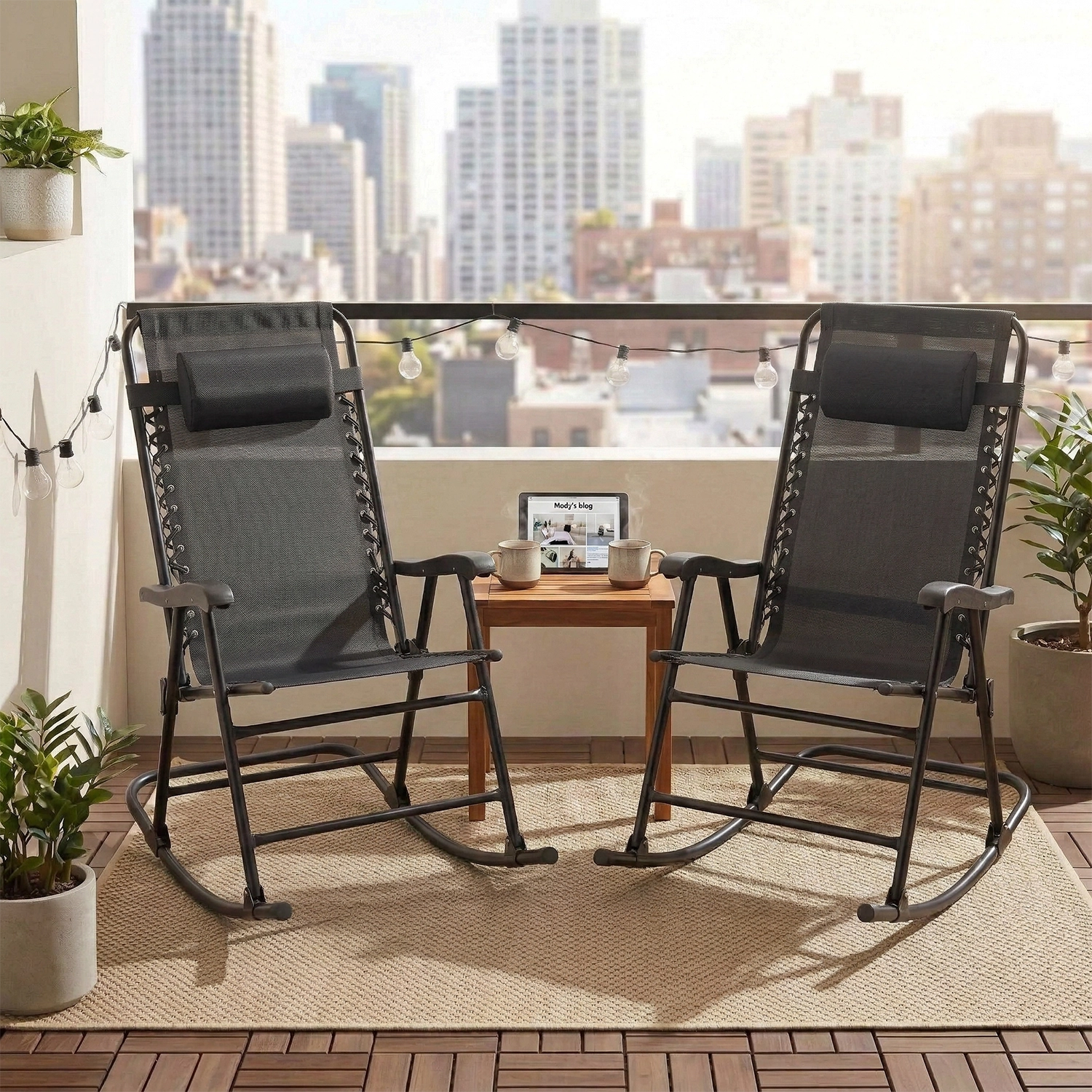 Set of 2 Folding Outdoor Rocking Chairs with Headrest Pillows and Brea ...