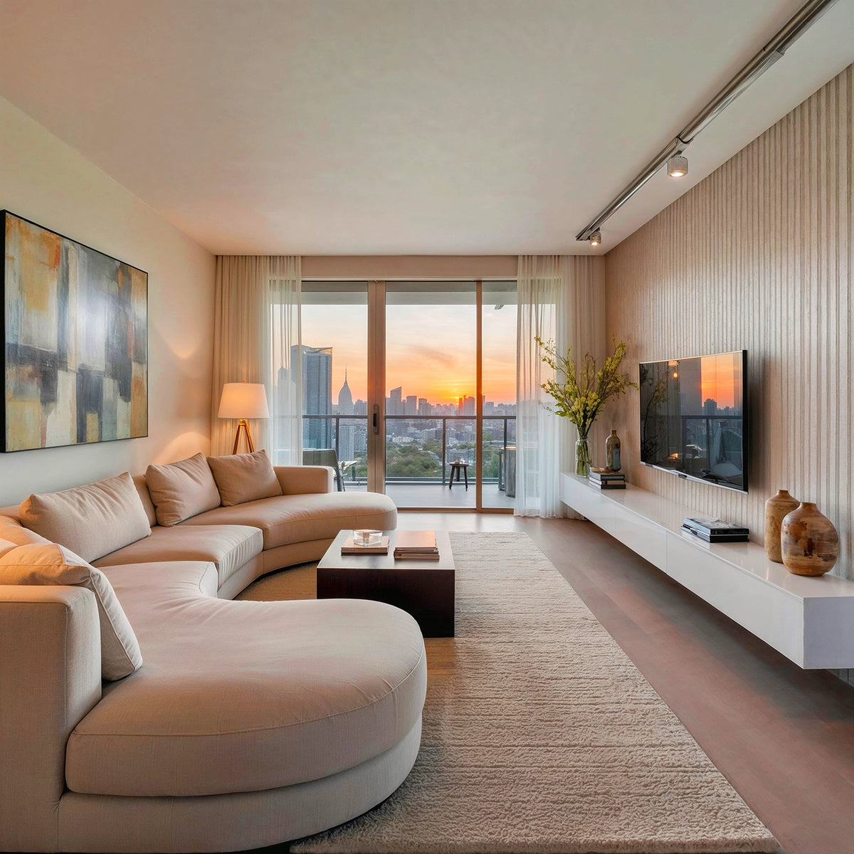 Urban Modern living room with a curved sectional sofa, floating TV stand, wood coffee table, track lighting, abstract wall art, and floor-to-ceiling windows overlooking a city skyline at sunset.