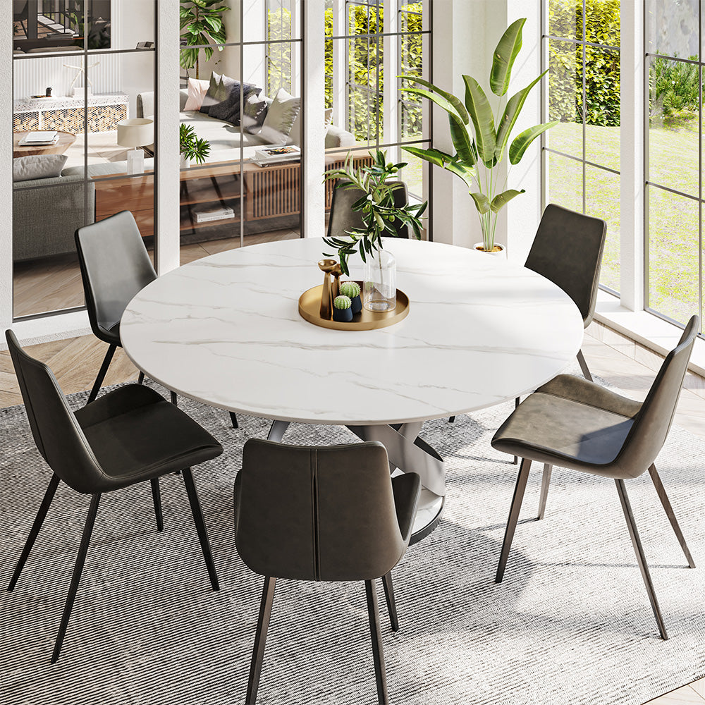 Elegant White Marble Dining Table with Black Steel Base – CharmyDecor