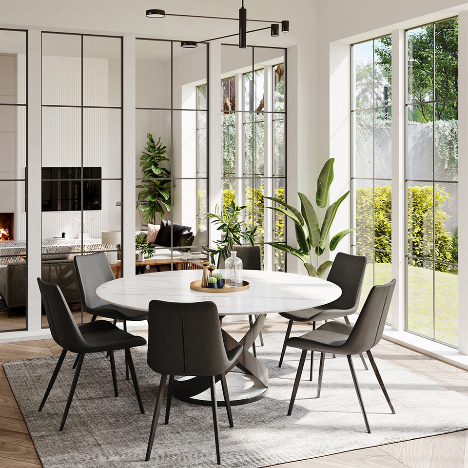 Elegant White Marble Dining Table with Black Steel Base – CharmyDecor