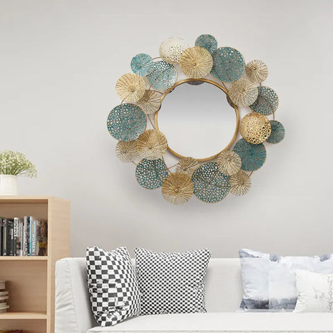 Round Hollow-out Flower Metal Wall Mirror
