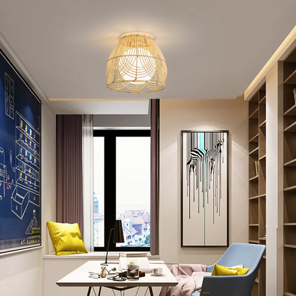 Geometric Rattan Flush Mount with White Glass Shade Light – CharmyDecor