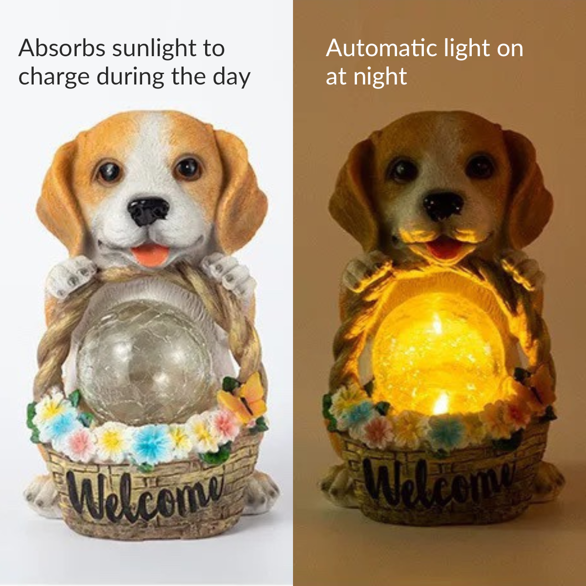 Solar Powered Puppy Statue Lamp With Flower Basket Ornament- CharmyDecor