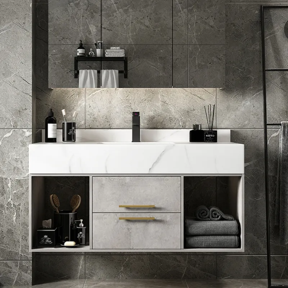 40 Floating Bathroom Vanity Set with Ceramic Sink 2 Drawers & Open Shelves  in Black