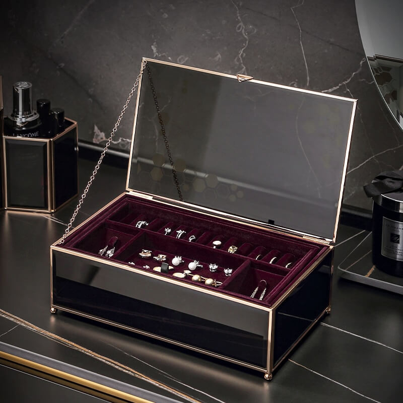 Black Glass Jewelry Storage Box- CharmyDecor
