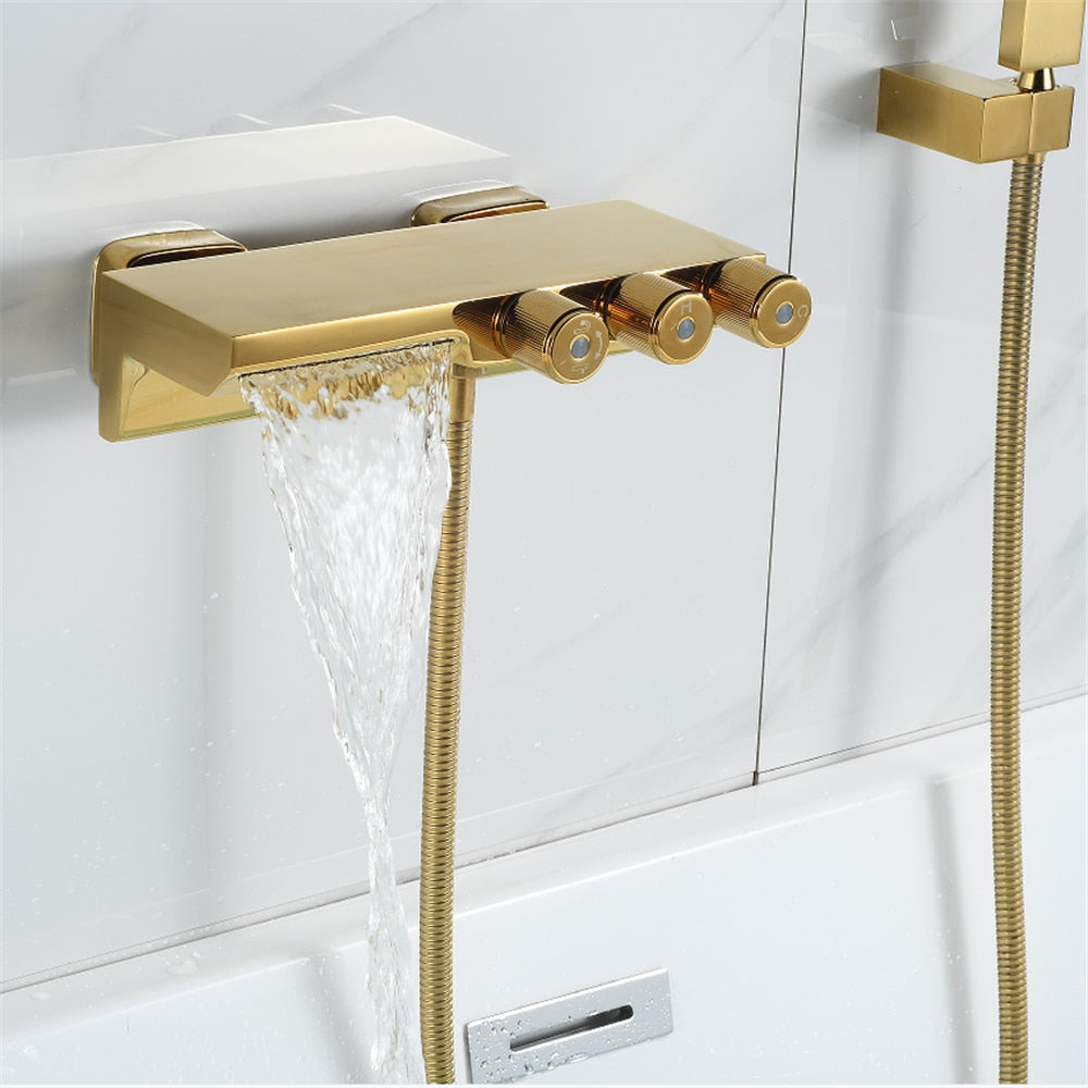 Wall Mounted Thermostatic Shower Faucet With Tub Spout Brushed Gold Rain Waterfall Exposed Shower System With Hand Shower - Bed Bath & Beyond - 40165045