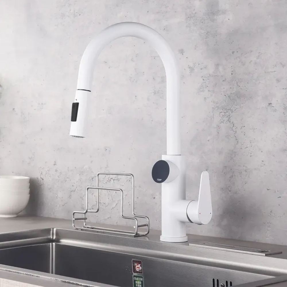 White Kitchen Faucet with Pull Down Sprayer & Temp Display – CharmyDecor