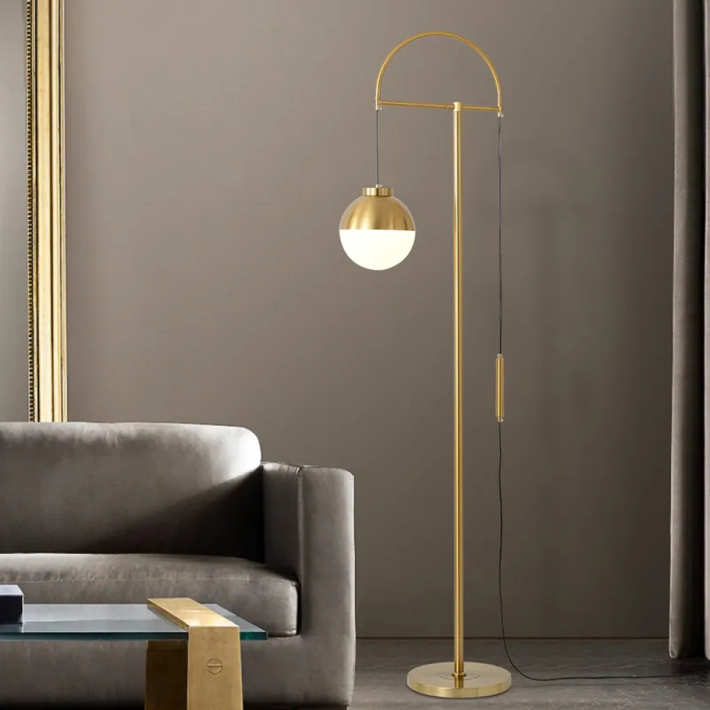 Contemporary Gold Arc Floor Lamp with Glass Globe Shade – CharmyDecor