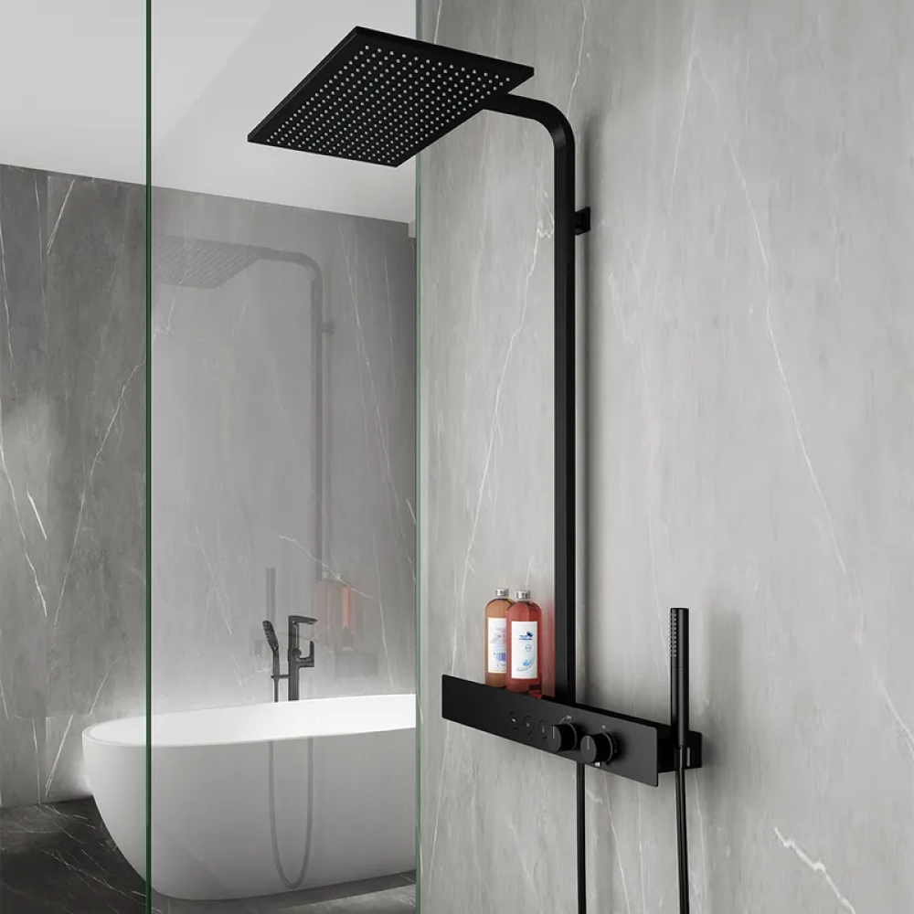 16 Thermostatic Shower System with Handheld Shower in Matte Black Solid  Brass