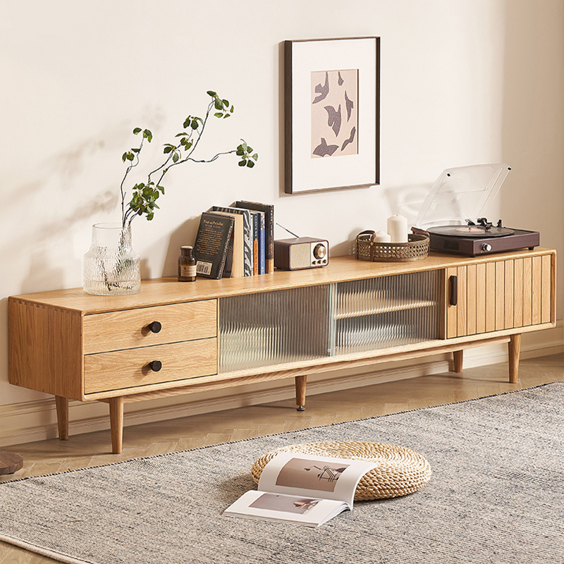 Nordic Style Natural Wood TV Stand with Shelves and Drawers