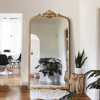 Golden Carved Arched Wooden Floor Mirror - CharmyDecor