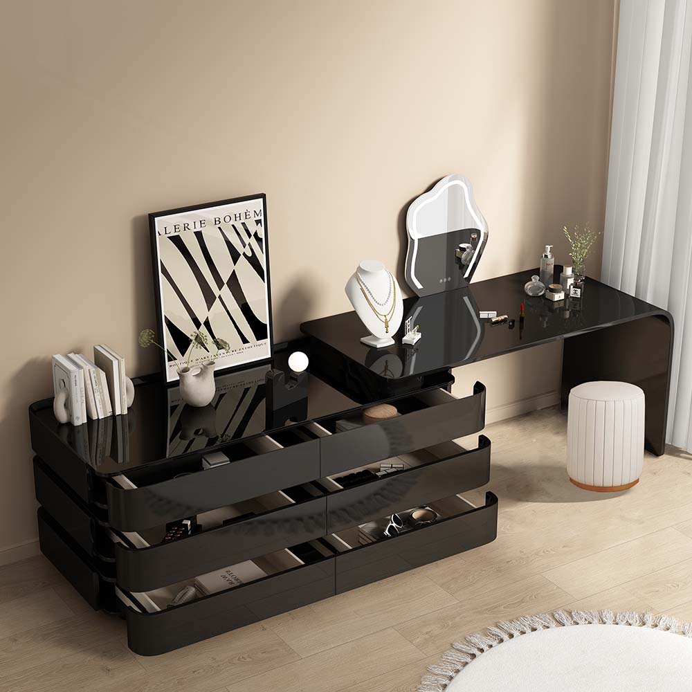 Modern Black Retractable Vanity Table Set with 6 Drawers – CharmyDecor